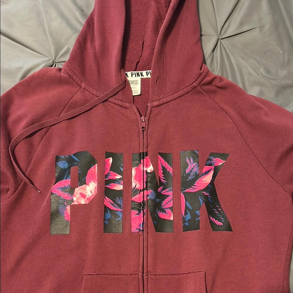 VS PINK Maroon Hoodie with Floral Logo